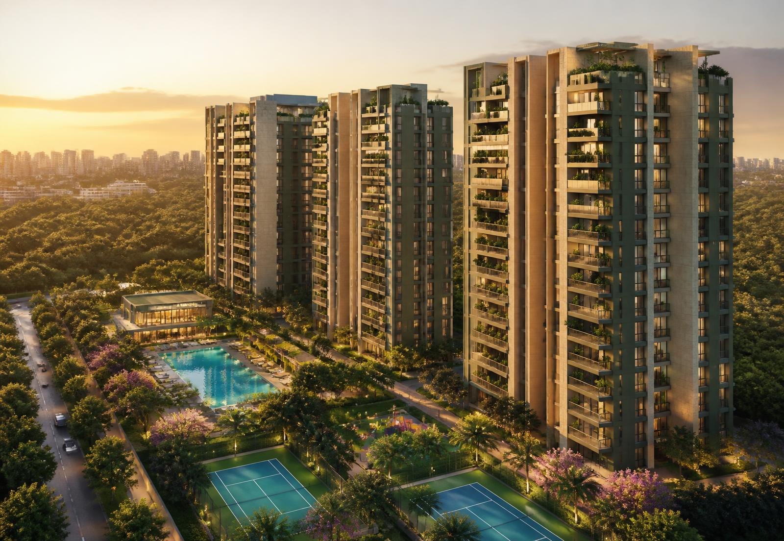 Aerial view of Assetz Zen & Sato luxury apartment towers with pool and courts